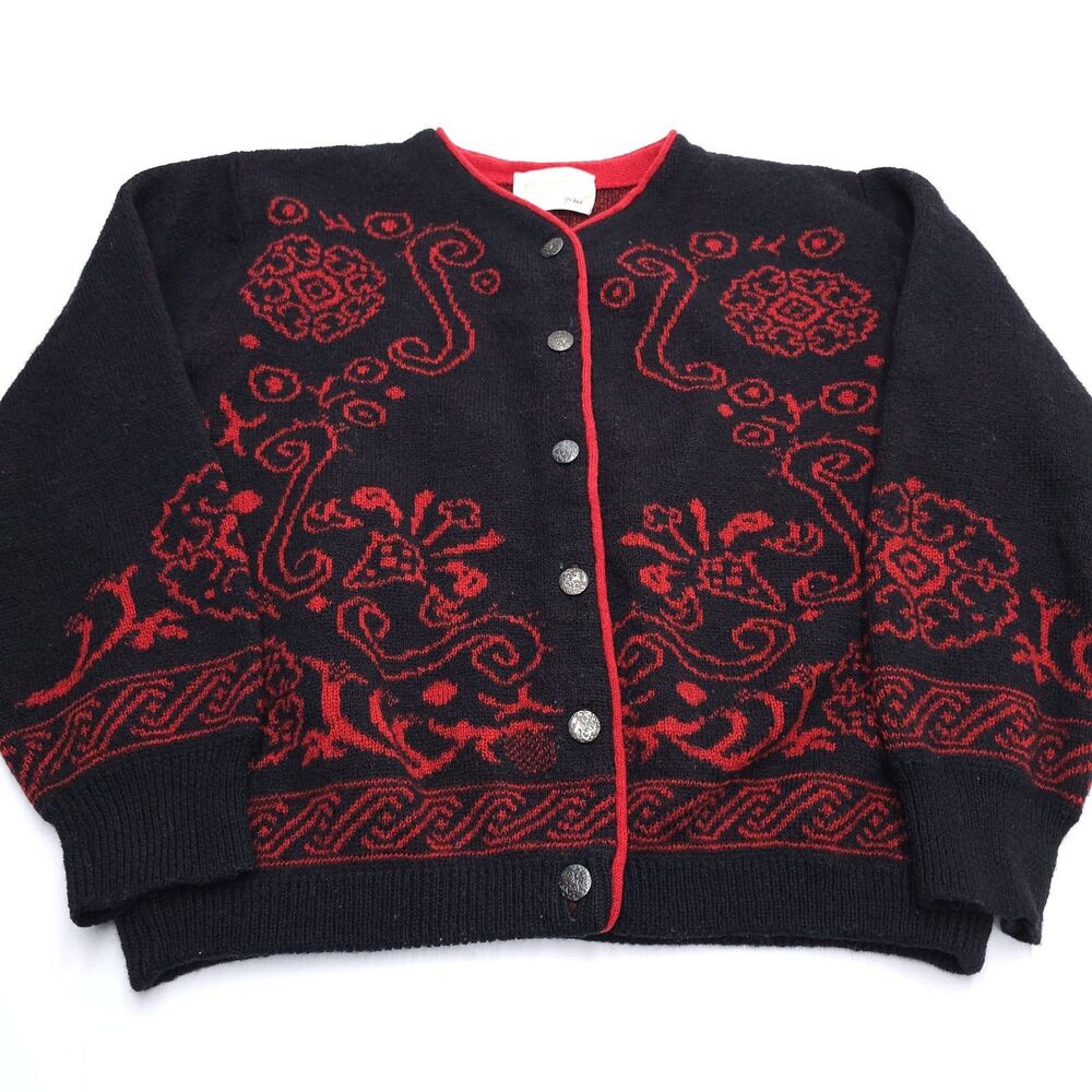 Vintage Pendleton Cardigan Sweater Size Medium Red Black Wool Floral 70s 80s